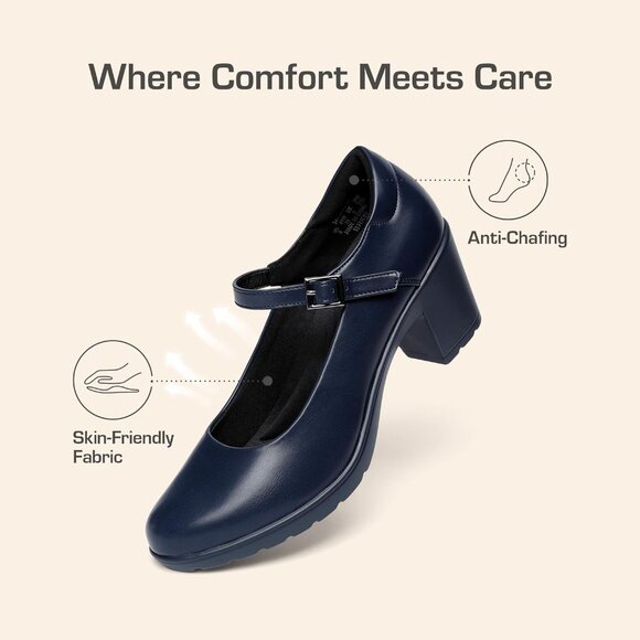 🆕 Women Navy Blue Faux Leather Mary Jane Low Block Heel Pumps Round Toe Wedding - Picture 5 of 8